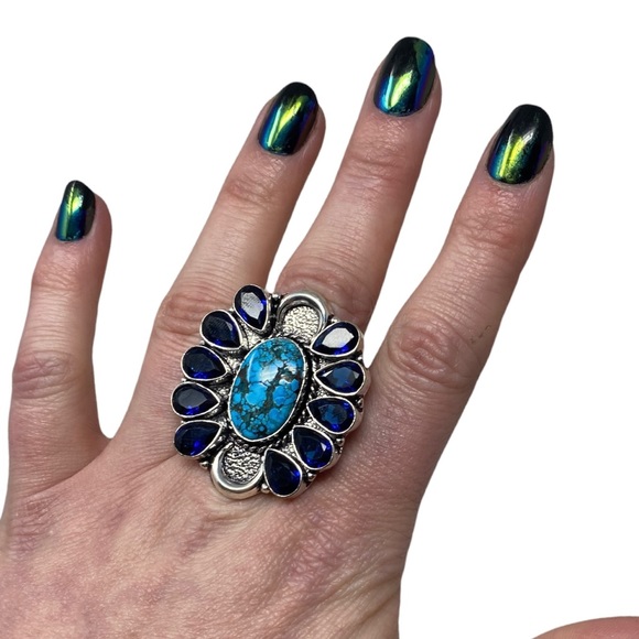 🛑SOLD🛑 Sterling Silver 925 Blue Topaz and Turquoise Ring - Picture 5 of 6